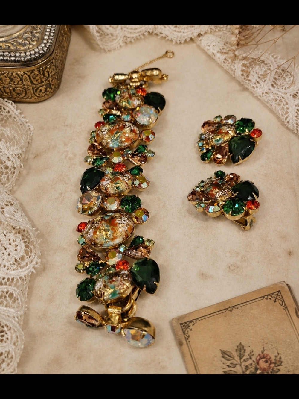 Juliana Easter Egg Rhinestone Bracelet Earrings Set Gold Tone Vintage